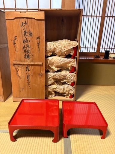 【本漆朱塗】御膳 5台セット（大小揃い）明治アンティーク 骨董