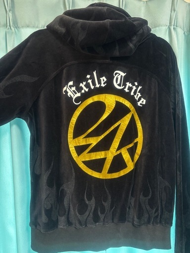 【ありがとうございました 24karats EXILE TRIBE ベロアパーカー上下セット ブラック ファイヤー柄】