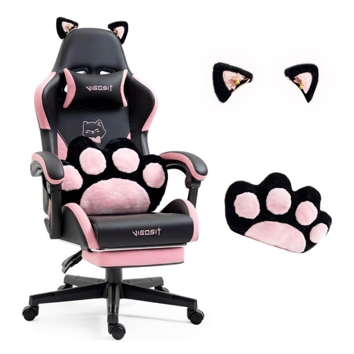 新品　組立済み 猫耳ゲーミングチェア（フットレスト付き） - 調節可能な腰部サポート、耐荷重140kg。取り外し可能な可愛い猫耳、綿詰めの人間工学設計PCチェア、女の子/ティーン向け（ブラックピンクモデル）