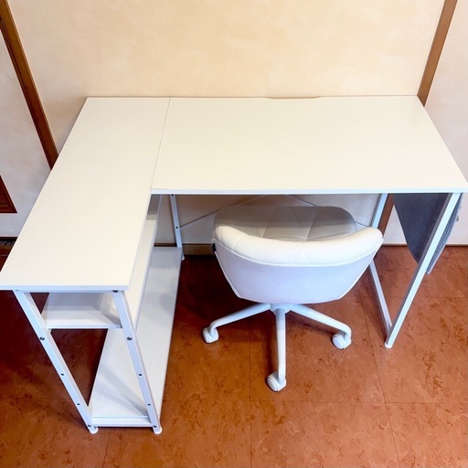 美品】白L字デスク＋キャスター椅子セット｜収納棚付き｜すぐ使えます✨
