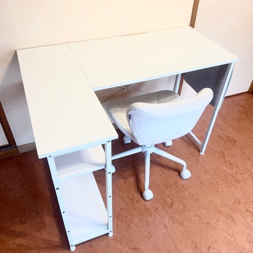 美品】白L字デスク＋キャスター椅子セット｜収納棚付き｜すぐ使えます✨
