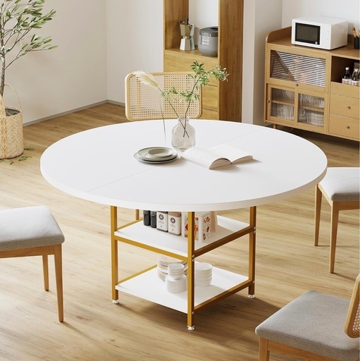 新品　ホワイト円形テーブル 下棚付き 120cm