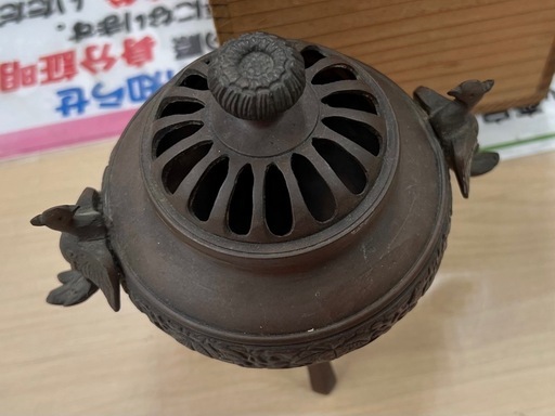●骨董品！高岡銅器/堀井幸雲 (幸雲造)「鋳銅 香炉」 鳳凰の持ち手！三脚香炉 胴体に唐草文様！