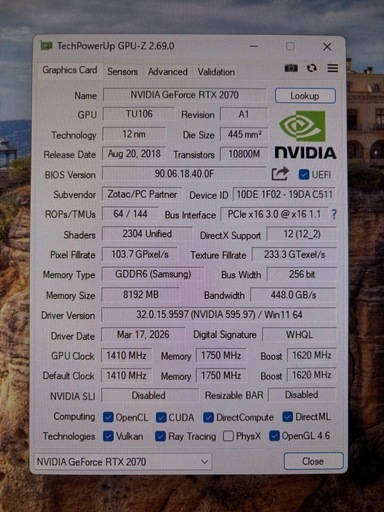 ZOTAC GeForce RTX 2070 8GB 動作確認済 FF15ベンチ完走