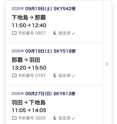 下地島ー羽田往復チケット　9/19-9/27 2名