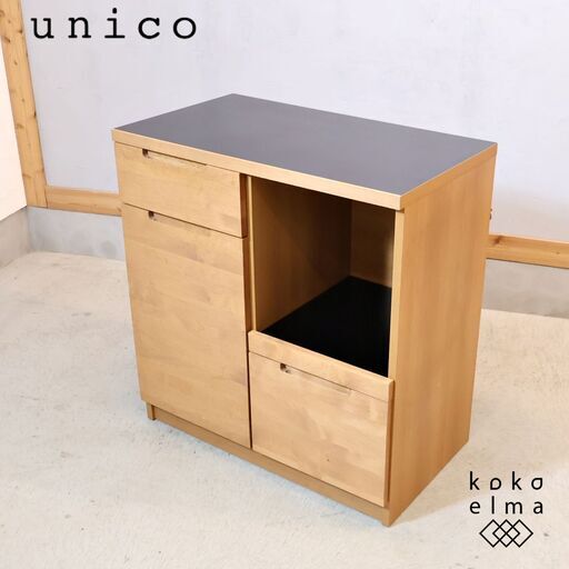 uninco(ウニコ)のWYTHE(ワイス)キッチンカウンターです。手入れがしやすいメラミン天板のレンジボード♪アルダー材の優しい質感は様々なインテリアに合わせやすく馴染んでくれます♪末次家具