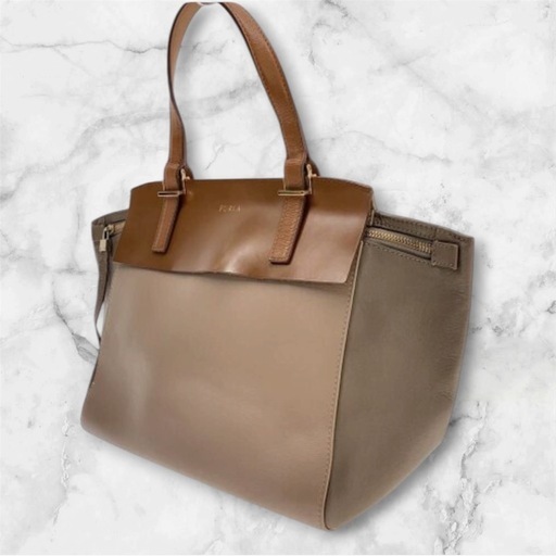 FURLA フルラ　ハンドバッグ　ベージュ　ブラウン　バイカラー
