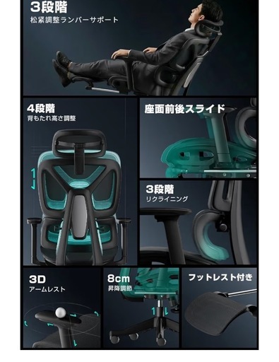 新品未使用✨未開封✨人間工学チェア オフィスチェア ランバーサポート強弱調整式 背もたれ上下調節 座面前後調節 ヘッドレスト付き 3D