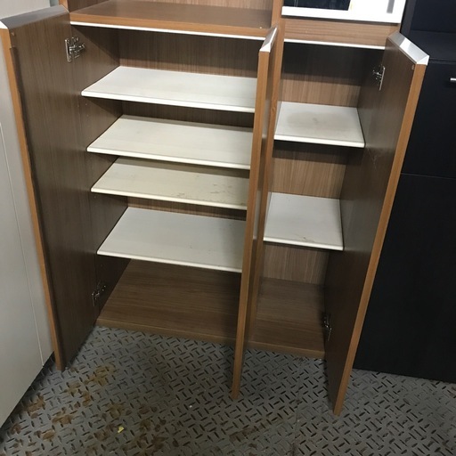 ジャングルジャングル貝塚店　シューズボックス　ミラー付き　鏡　茶色　ブラウン　木　木目　オシャレ　シンプル　玄関収納　家具　中古　貝塚