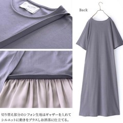 【新品未使用】ロングワンピース　シフォン　切替　アシメ　体型カバー　ゆったり　韓国　ブルー　グレーの画像