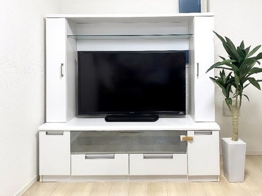 大容量収納付きテレビ台 テレビボード　テレビスタンド ホワイト 白 引き出し 棚・扉・ガラス板付き