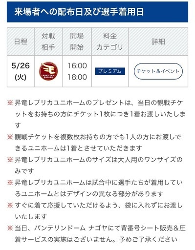 良席　中日ドラゴンズチケット　昇竜デー　5月26日　5/26（火）　中日×楽天戦　昇竜ユニホーム配布日　内野席A良席　4枚連番