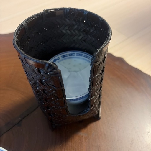 【美品】中国景徳鎮 青華玲瓏磁 急須＆湯呑みセット 竹製カップホルダー付き 米通磁 茶器