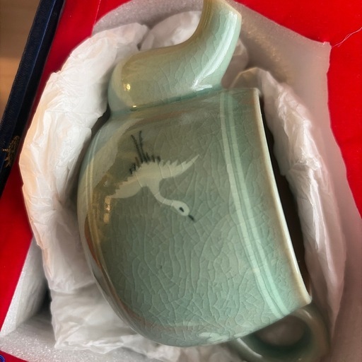 【美品】高麗青磁 雲鶴紋 急須＆湯呑み＆湯冷ましセット 明星款 茶道具 韓国製