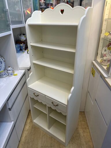 オープンシェルフ 引出し2杯 ホワイト 姫系 カントリー調 フレンチ 棚板可動式■横幅60㎝×奥行35㎝×高さ160㎝★近隣配送無料 