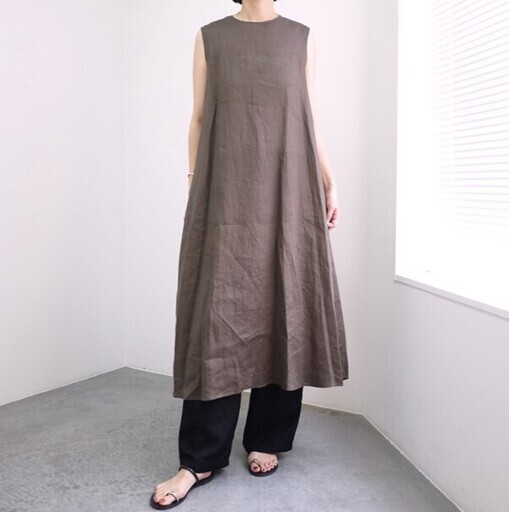 mizuiro ind ミズイロインド 25SS 日本製 リネンノースリーブフレアワンピース Free Brown ロング ドレス トップス【中古】【mizuiro ind】