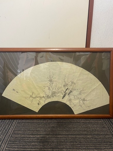扇面 水墨画 鳥 梅 額装 約78×43cm 和風アート 壁掛け