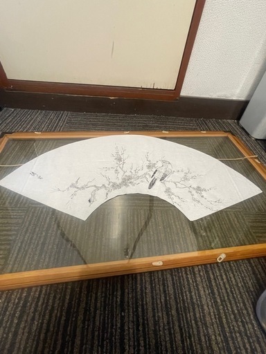扇面 水墨画 鳥 梅 額装 約78×43cm 和風アート 壁掛け