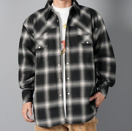 LASTMAN ラストマン 25SS 日本製 OMBRE PLAID WESTERN SHIRTS オンブレチェックウエスタンシャツ 251LM-SH03 L BLACK 定価77,000円 トップス【新古品】【中古】【LASTMAN】