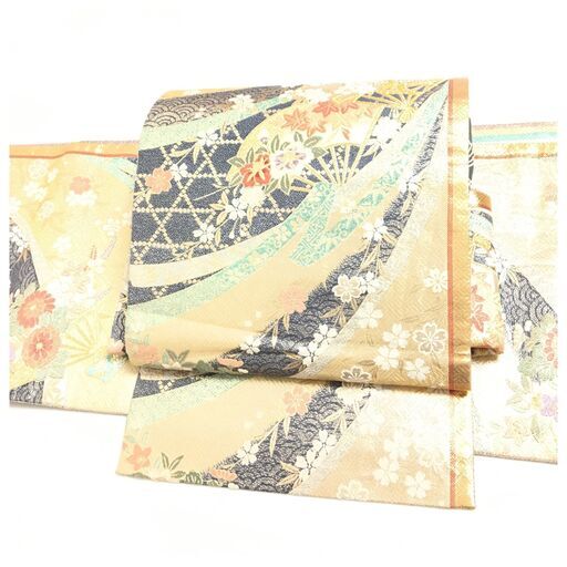 正絹 作り帯 扇面に四季の花々が舞う　二部式 袋帯 ベージュゴールド  伝統美