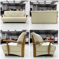 【超美品‼️】定価30万♪ 浜本工芸 171cm幅3人掛けソファ スムース皮革×ダークオーク材♪の画像