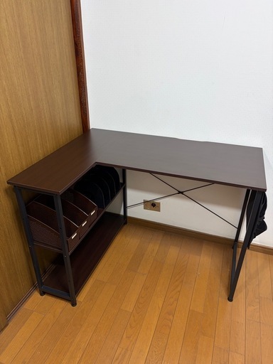 棚板高さ調節可能L字型デスクPCデスク学習机ラック付きダークブラウン作業机