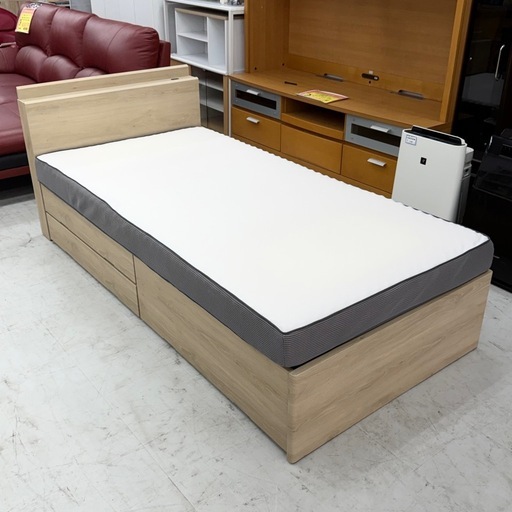 【超美品‼️】大川家具×イオン シングルベッド 引き出し収納&コンセント付き 木目調ライトブラウン♪