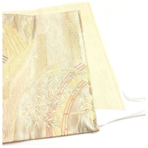 美品 正絹 二部式 作り帯 夏物 袋帯 涼やかな流水に四季の草花　優美な橋を渡る情景