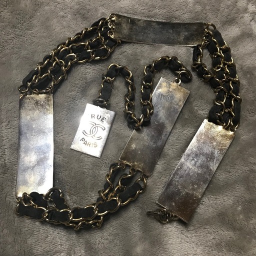 正規品 ヴィンテージ シャネル ルーカンボン パテントレザー編み込み3連チェーンベルト 金/黒