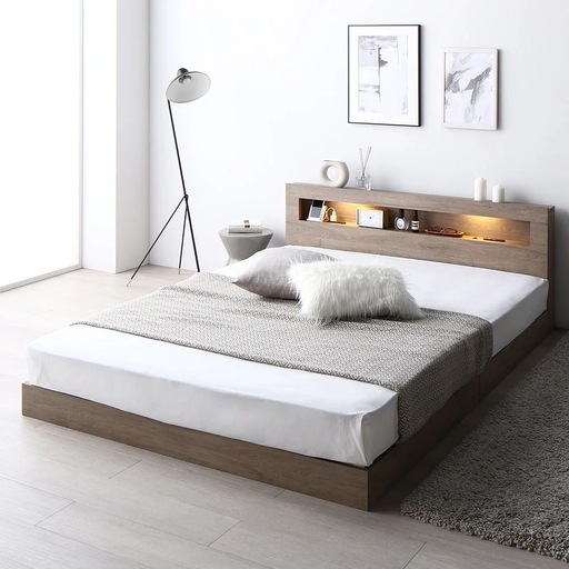 【価格交渉有。早い者勝ち】ホテルスタイル ローベッド LED照明＆棚付き『CONCASA コンカーサ』グレージュ