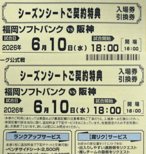 6月10日(水)福岡ソフトバンクホークスvs阪神タイガース 入場券引換券 2枚
