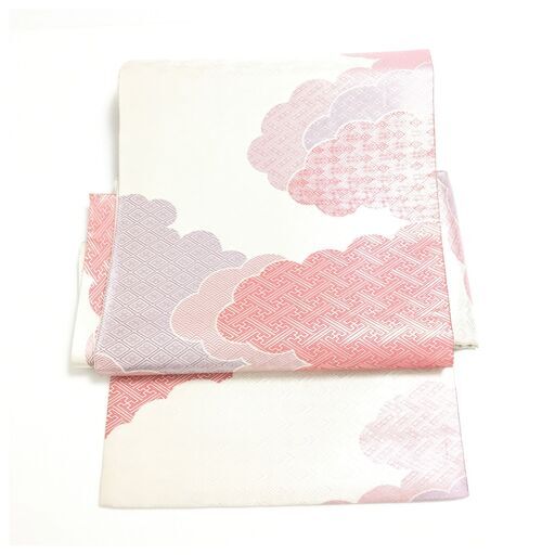 美品 正絹 作り帯 二部式 　シルバー　佐賀錦 箔糸が眩く煌めき　流麗な雲取り　簡単装着