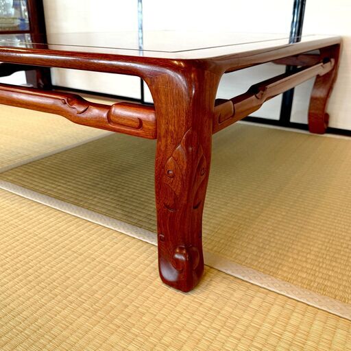 高級唐木 花梨無垢材 透かし彫刻 座卓 幅約105cm 和家具 ローテーブル 座敷机 重厚感 天然木 和室 インテリア E0FP0115