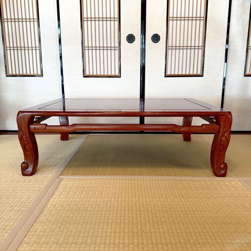高級唐木 花梨無垢材 透かし彫刻 座卓 幅約105cm 和家具 ローテーブル 座敷机 重厚感 天然木 和室 インテリア E0FP0115