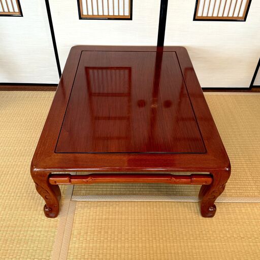 高級唐木 花梨無垢材 透かし彫刻 座卓 幅約105cm 和家具 ローテーブル 座敷机 重厚感 天然木 和室 インテリア E0FP0115