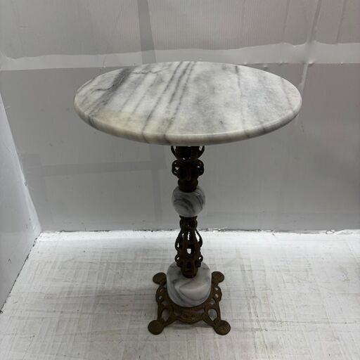 大理石天板 サイドテーブル 小 円形 真鍮 花台 コンソールテーブル アンティークス ロココ調