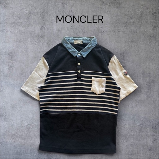 MONCLER ボーダー 半袖ポロシャツ 胸ポケット 紺x白xデニム M相当