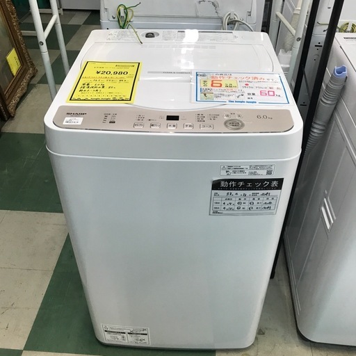 ジャングルジャングル貝塚店　洗濯機　シャープ　2024年製　6.0kg　白　ホワイト　縦型　上開き　ローダウン　風乾燥　穴なし槽　ほぐ