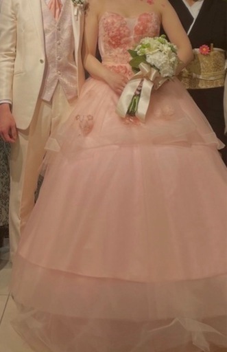 ピンク カラードレス 花モチーフ 結婚式 二次会（パニエなし）