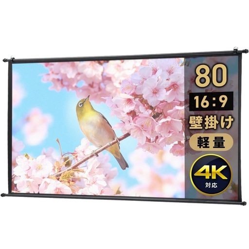 イーサプライ プロジェクタースクリーン 80インチワイド 16:9 壁掛け 軽量2kg 賃貸 穴あけ不要 掛け軸タイプ 4K フルHD 簡単設置 EEX-PSK3-80HDK
