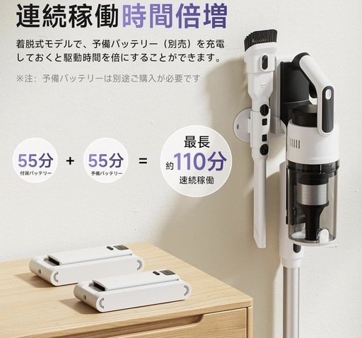 掃除機 コードレス自走式＆自立式・55分連続稼働・低騒音・超広角LEDライト