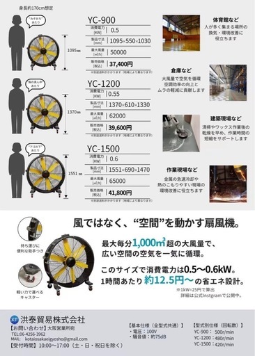日本最大級 業務用大型扇風機 最大高さ約155cm 工場扇