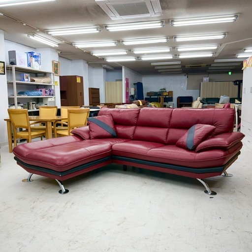 【超美品‼️】定価169,000円♪ ニトリ 235cm幅3人掛けカウチソファ クッション2個付き レザー 本革製レッド♪