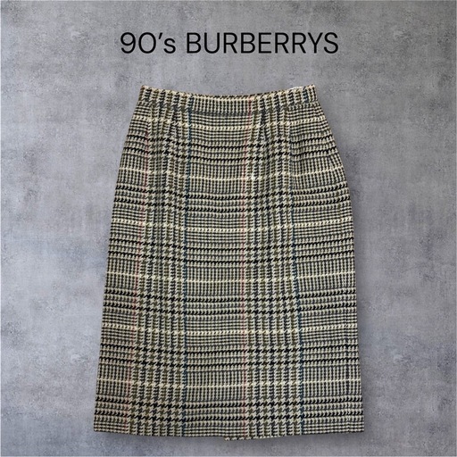 【美品】90s BURBERRYS ウール 千鳥柄チェック プリーツスカート 9