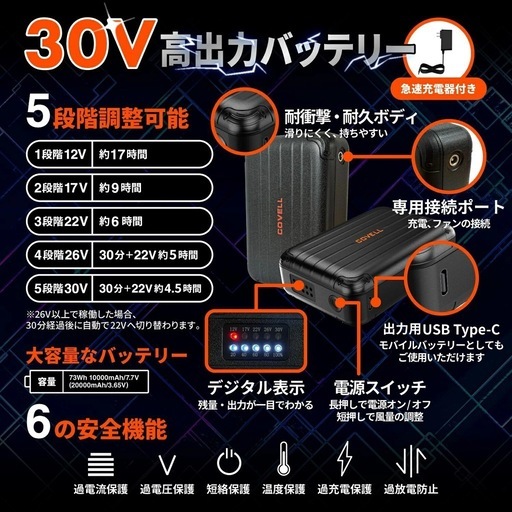 空調服 ファン付き　フルセット 20000mAh 大容量バッテリー 最大30V
