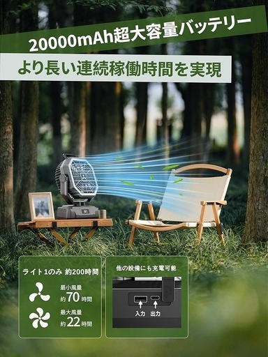 新品　キャンプ 扇風機 自動首振り 最大70時間連続使用 アウトドア 卓上扇風機