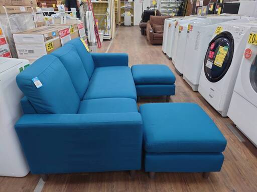 【ジャングルジャングル広陵店】ソファー 3人用 3人掛け オットマン付き ターコイズ ブルー 青【ジモティー特別価格！！】