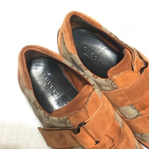 レア 正規品 グッチ レザースニーカー ベルクロ オレンジ系 37