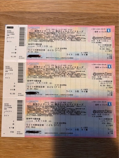 阪神タイガースVS横浜DeNAベイスターズ　５月１０日 甲子園　チケット　大人２枚、子供1枚