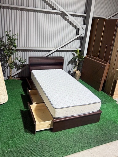 ?激安??自社配送?収納付き　シングルベッド　マットレスセット　